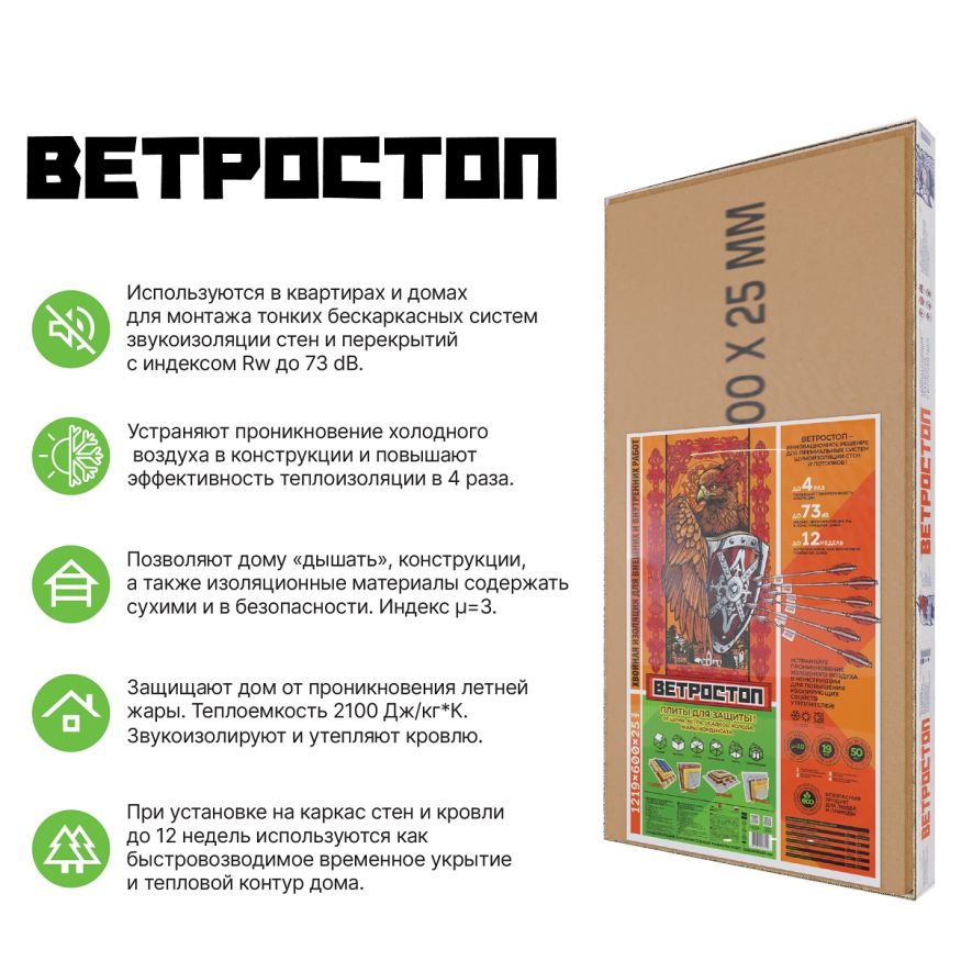 Ветрозащитная шумоизолирующая панель ВЕТРОСТОП 1200х581х25 мм (2,09 м²) купить в Омске