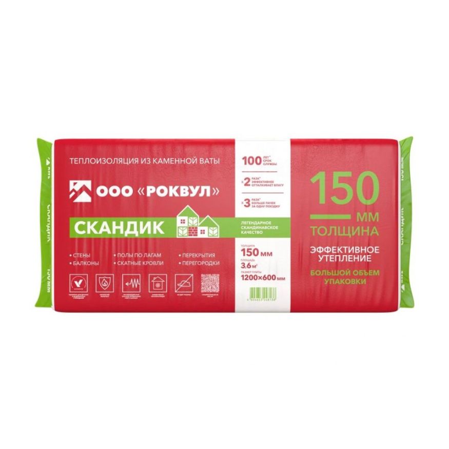 Утеплитель Роквул Скандик XL 150мм, 5 плит, 3.6м2, 600х1200мм, 0.54м3 Rockwool купить в Омске
