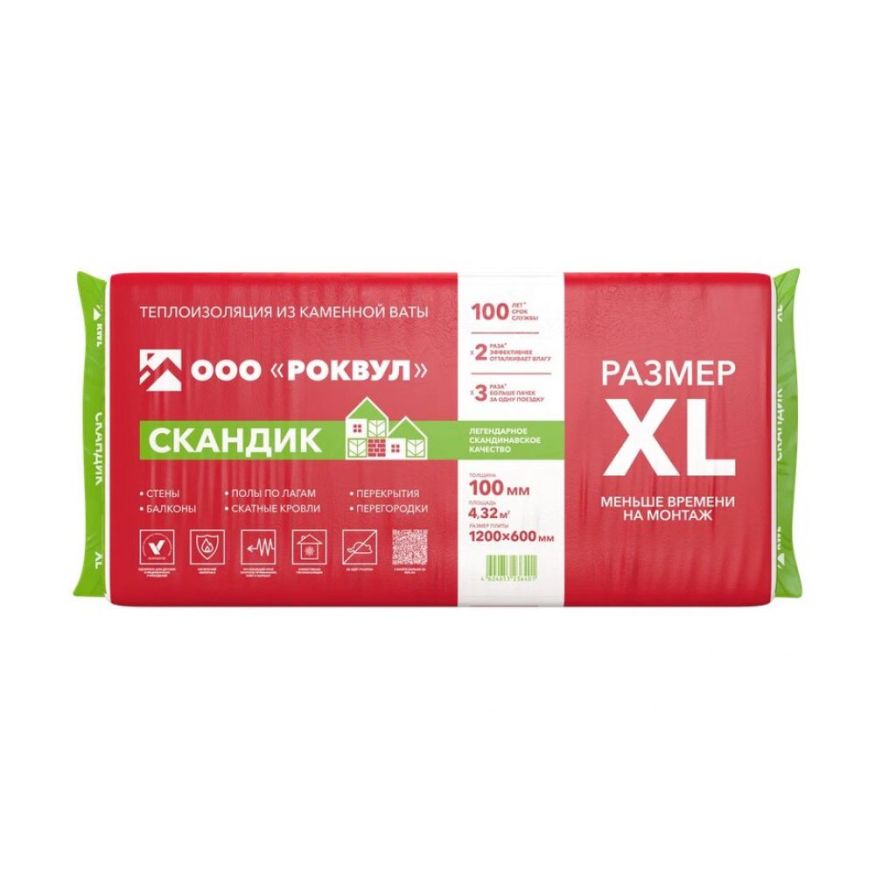 Утеплитель Роквул Скандик XL 100мм, 6 плит, 4.32м2, 600х1200мм, 0.432м3 Rockwool купить в Омске